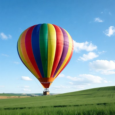 Colorful hot air balloon over green fields