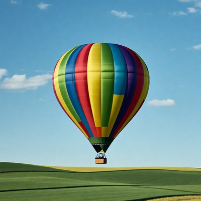 Colorful hot air balloon over green hills