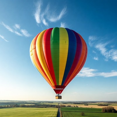 Colorful hot air balloon over fields