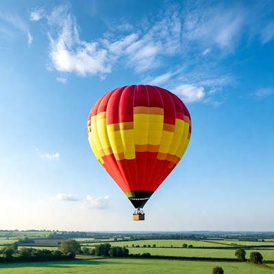 Red Yellow Hot Air Balloon Over Fields