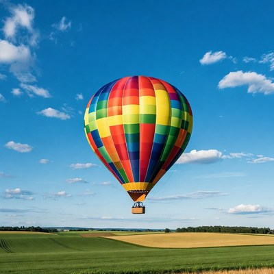 Colorful hot air balloon over fields