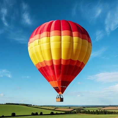 Colorful hot air balloon over green fields
