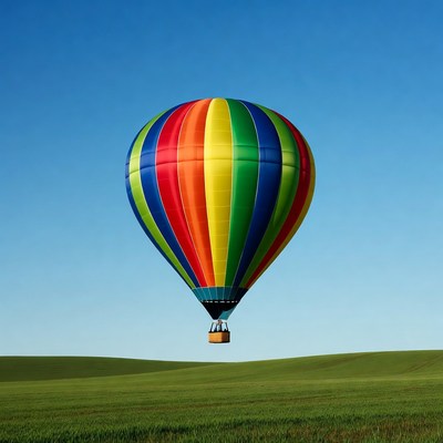 Colorful hot air balloon over green field