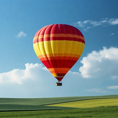 Colorful hot air balloon over green fields