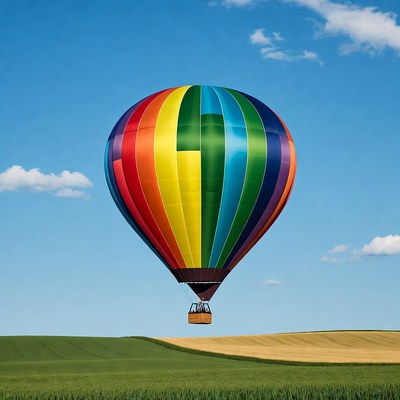 Rainbow Hot Air Balloon Over Fields