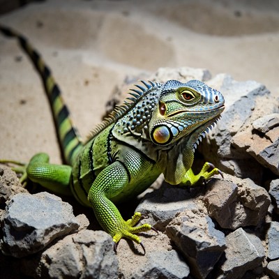 Green iguana on rocks