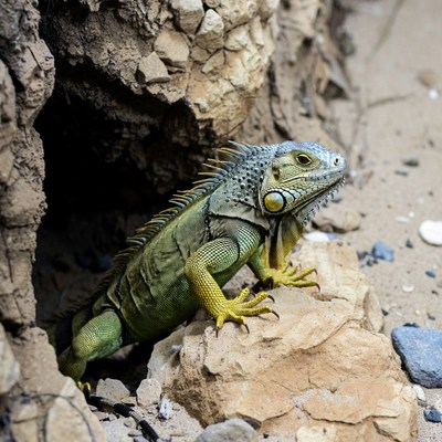 Green iguana emerging from rocky cave