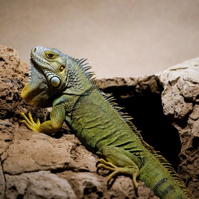 Green iguana emerging from rock cave