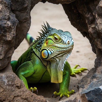 Green iguana peeking through rock
