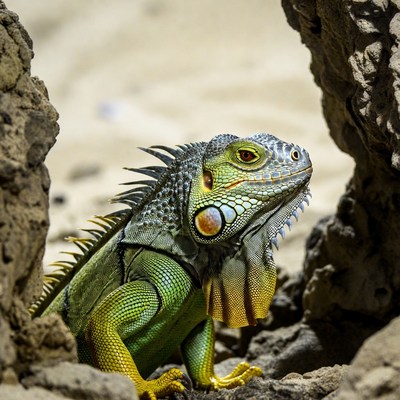 Green iguana on sandy rocks