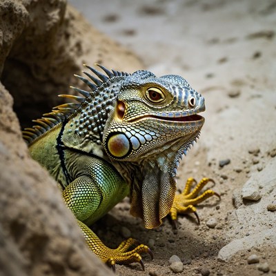 Green iguana emerging from rocky burrow