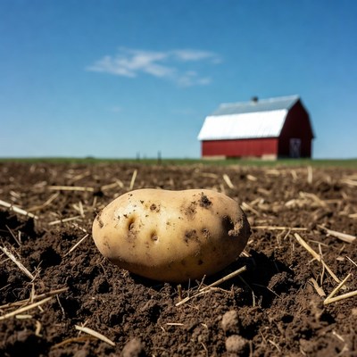 Potato on farm field with red barn