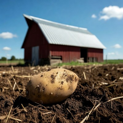 Potato in front of red barn