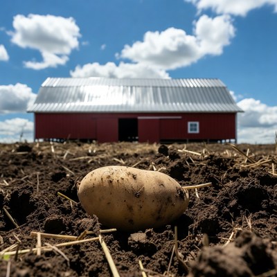 Potato in front of red barn