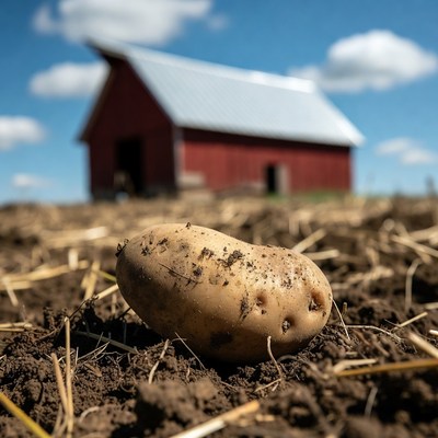 Potato in front of red barn
