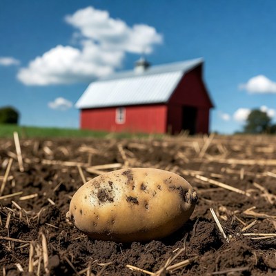 Potato in front of red barn