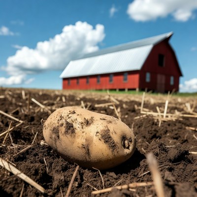 Potato in farm field by red barn