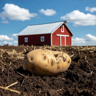 Potato in front of red barn