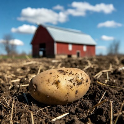 Potato in front of red barn