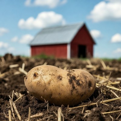 Potato in front of red barn