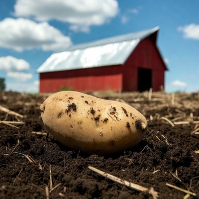 Potato on farm soil by red barn