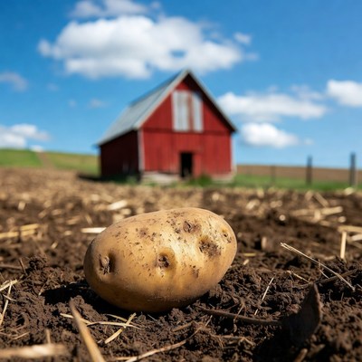Potato in front of red barn