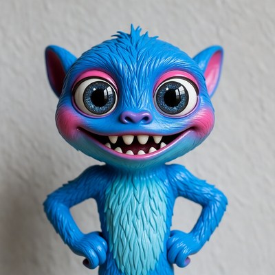 Blue furry monster grinning on white background