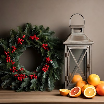 Christmas Wreath with Lantern and Oranges