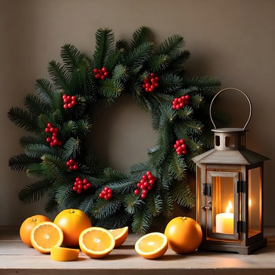 Christmas Wreath with Oranges and Lantern