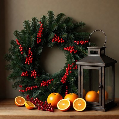 Christmas Wreath with Oranges and Lantern