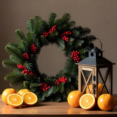 Christmas Wreath with Lantern and Oranges
