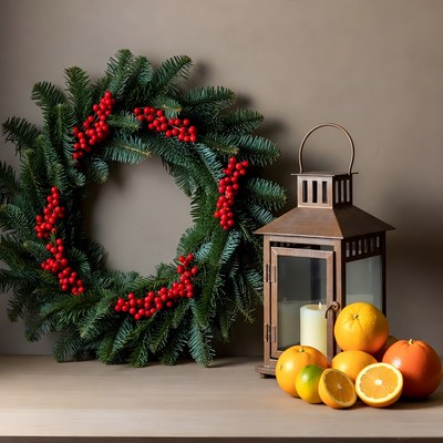 Christmas Wreath with Lantern and Oranges