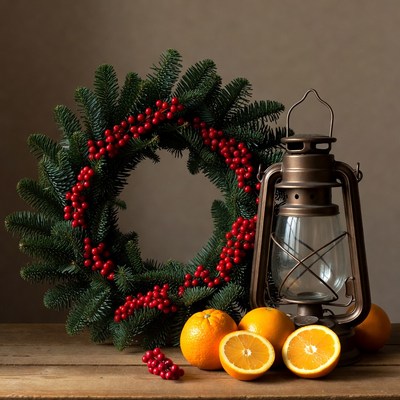 Christmas Wreath with Lantern and Oranges