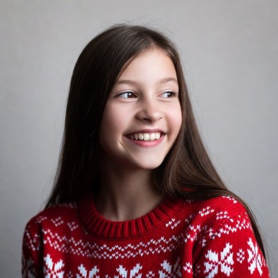 Girl smiling in red Christmas sweater