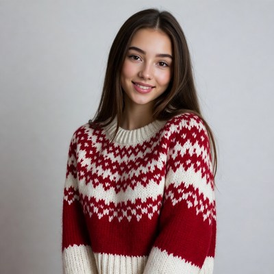 Smiling woman in red Nordic sweater