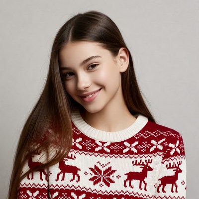 Girl smiling in reindeer Christmas sweater
