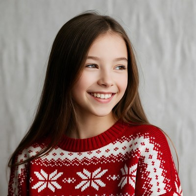 Girl smiling in red Christmas sweater