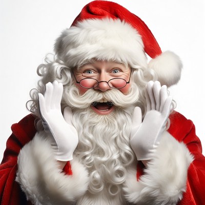 Smiling Santa Claus with white gloves raised