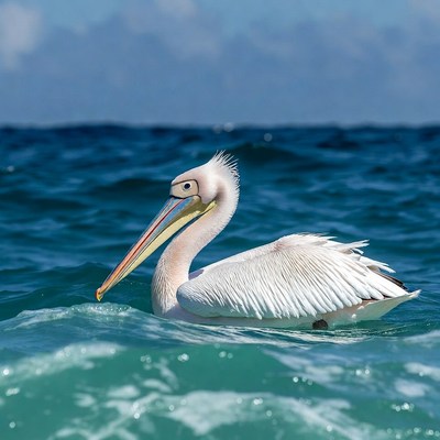 White pelican swimming in ocean