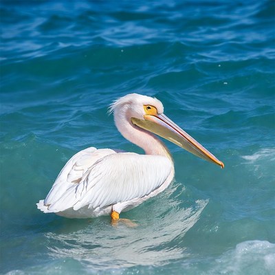 White pelican swimming in ocean