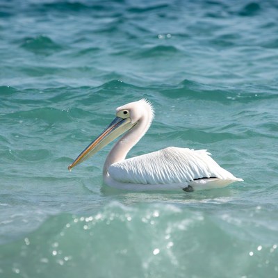 White pelican swimming in turquoise water