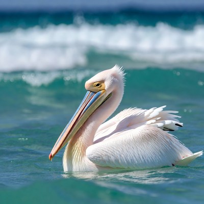 White pelican swimming in ocean
