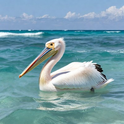 White pelican swimming in turquoise ocean