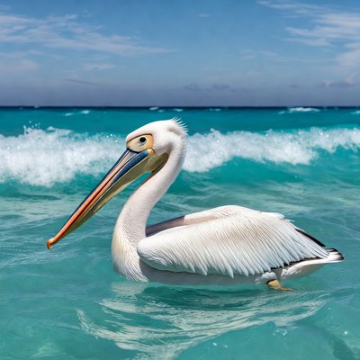 White pelican swimming in turquoise ocean