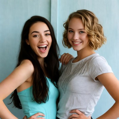 Two smiling girls posing together
