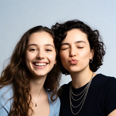 Two women smiling and kissing cheek