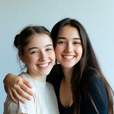 Two smiling teenage girls hugging