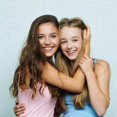 Two smiling girls hugging
