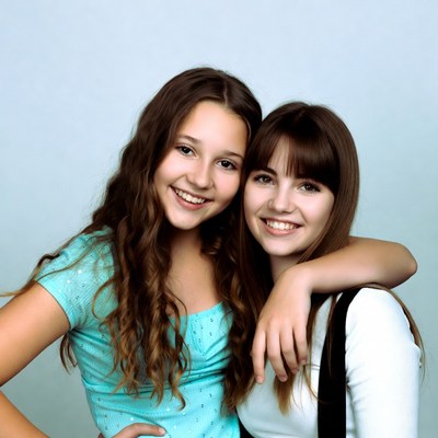 Two smiling teenage girls hugging