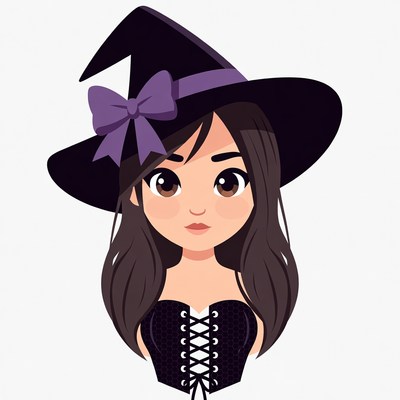 Cartoon Witch Girl with Purple Bow